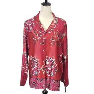 NWT Natori Satin Paisley Floral Button Front Pajama Top Artsy Asian